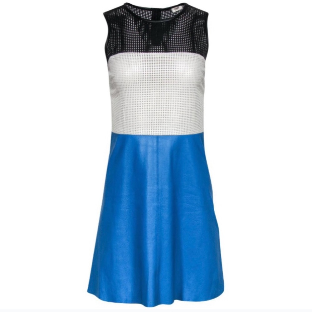 L’AGENCE Size 2 Colorblocked Lamb Leather Fit & Flare Dress Laser Cutouts